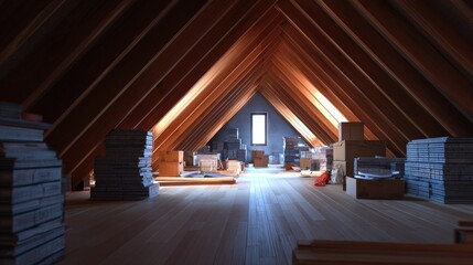 Attic room filled with boxes and building materials.