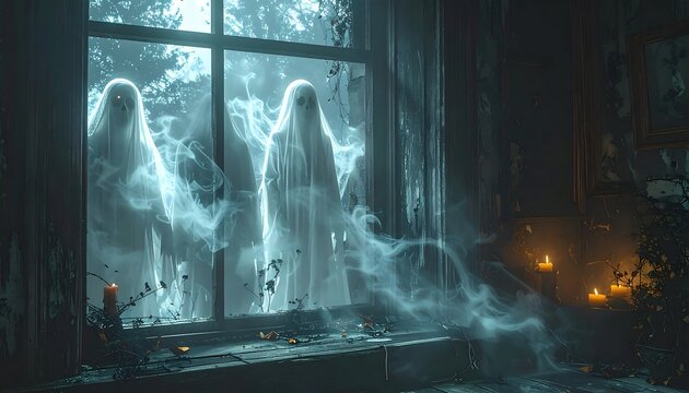 Three spectral figures appear at a dimly lit window.
