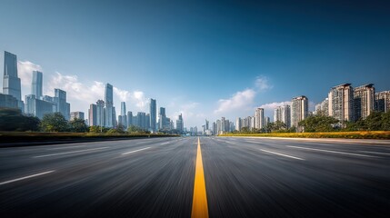 Obraz na płótnie Canvas Cityscape Horizon View: Modern Skyline Perspective with Asphalt Road and Clear Blue Sky Backdrop