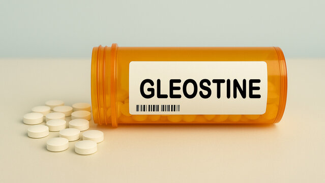 Box of GLEOSTINE tablets on a hospital pharmacy table used to treat brain tumors and Hodgkin lymphoma a nitrosourea chemotherapy.