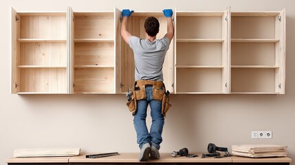 A handyman installs kitchen cabinets.