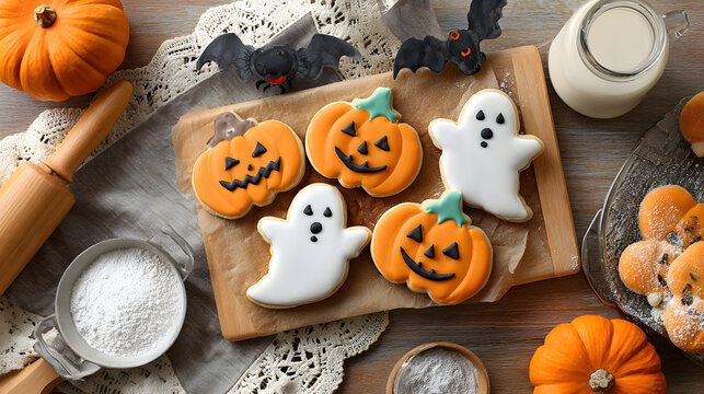 Overhead view of halloween themed cookies with pumpkins ghosts and bats on a wooden surface