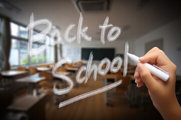 Back to School Chalkboard Message Written in Classroom Environment with Defocused Desks and Chairs, Education Concept