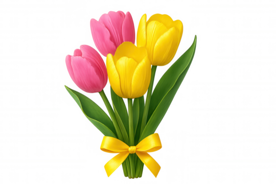 Pink and yellow tulips forming a bouquet, tied with a yellow ribbon, isolated on a transparent background