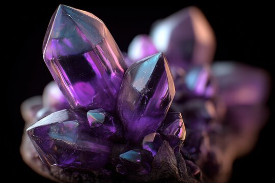 Amethyst Cluster on Black Background: Close-Up Shot of Healing Crystal Specimen with Purple Hues - Powered by Adobe