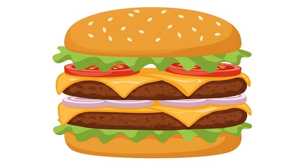 A realistic vector illustration of a delicious burger with sesame bun, beef patty, cheese, lettuce, tomato, and onion, centered on a clean white background
