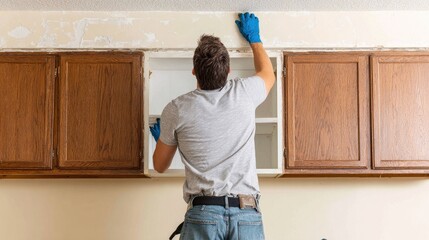A handyman installs kitchen cabinets.