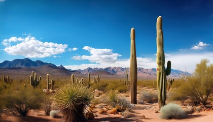 A Vast Desert Landscape Featuring Tall Cacti Rugged Mountains And A Bright Blue Sky With Fluffy Clouds
