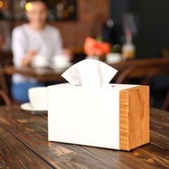 Tissue box on wooden table with blurred caf? background