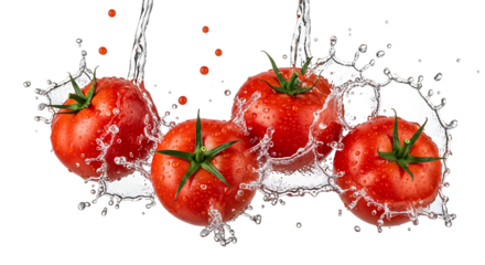 Four ripe tomatoes splashing in water liquid droplets