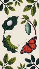 Butterfly Life Cycle Illustration – Egg, Caterpillar, Chrysalis, Monarch Butterfly, Botanical Nature Education, Vector Art