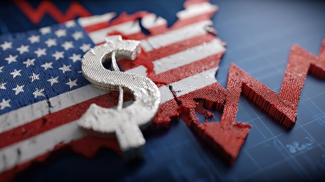 US Economic Downturn Illustration: Dollar Sign, American Flag Map, and Red Arrow Symbolizing Market Decline - Powered by Adobe