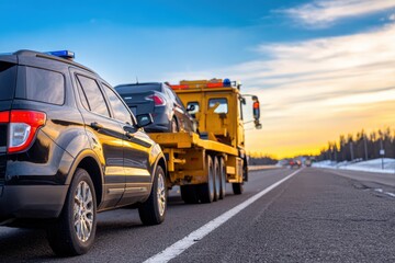 Obraz premium Tow truck assisting a stranded vehicle on a highway at sunset, with a serene winter landscape in the background