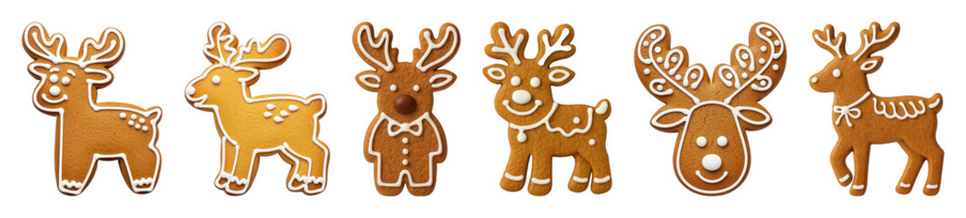 Obraz premium Gingerbread reindeer cookie set including various poses and decorated styles isolated. Christmas holiday and winter baking collection.