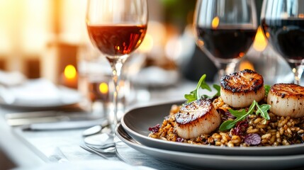 Seared scallops atop risotto, elegant dining