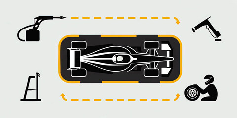 Flat Design Vector Illustration of Formula 1 Pit Stop Teamwork with Race Car, Fuel Pump, Tire Change and Tools on Light Background