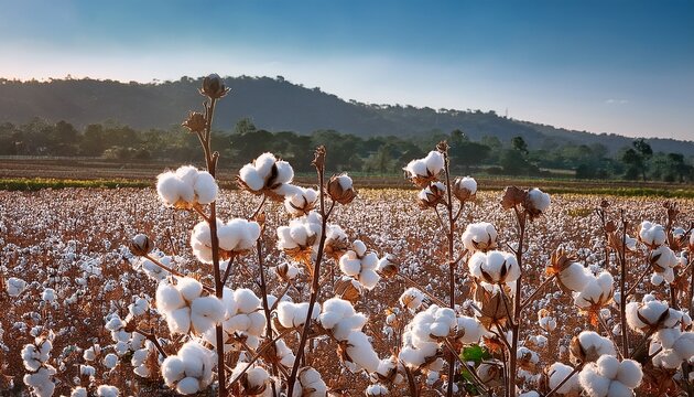 A Close Up Shot Of Cotton Flower Barcels In The Foreground With An Expansive Blurred Cotton Flower Field Filled