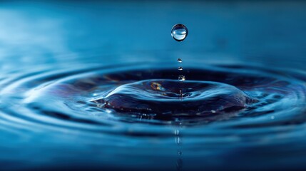 Close up of a water droplet impacting a still blue surface