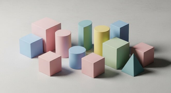 Colorful pastel 3D geometric shapes cubes cylinders pyramid arranged on neutral background - Powered by Adobe