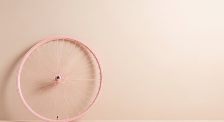 Pink bicycle wheel with spokes leaning on pastel beige background in minimalist style