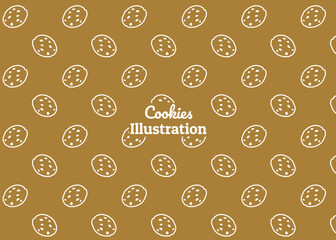 A cookies illustration pattern with brown background, food packaging, menu illustration hand drawn print ads, food business, snack