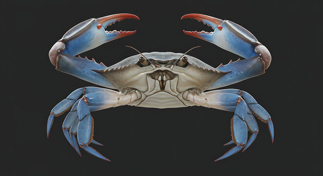 Captivating Crab Portrait: An artistic illustration captures the striking form of a vibrant blue crab, emphasizing its claws and carapace in a display of intricate detail.