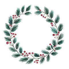 Fototapeta premium Watercolor hand-painted Christmas wreath with pine needles and red berries, isolated on a transparent background. Ideal for holiday design, greeting cards, and festive decorations.