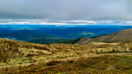 Beautiful view of Bieszczady from mountain top.