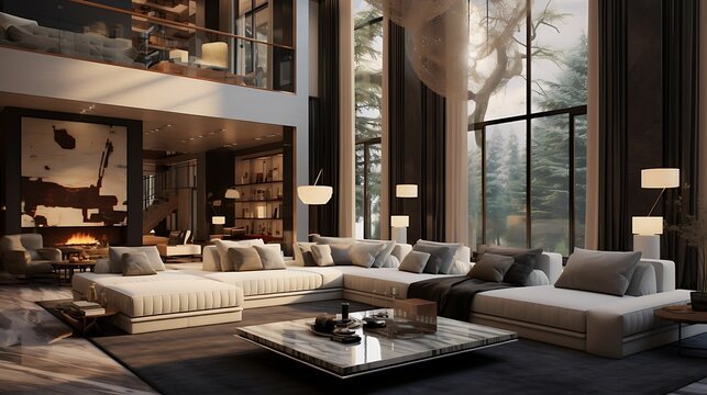 Exquisite modern villa interior showcasing expansive windows and sophisticated living space with