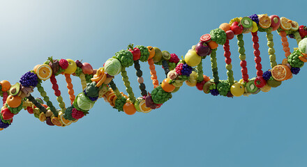 DNA Helix of Fresh Produce: A vibrant double helix structure crafted from colorful fruits and vegetables twists against a clear blue sky, representing the building blocks of a healthy life. 
