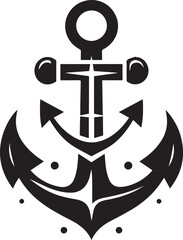 A stylized black silhouette of a nautical anchor with a starburst design in the center on a white background