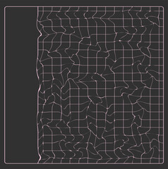 A wavy, warped pink wireframe grid graphic on a dark, gray background