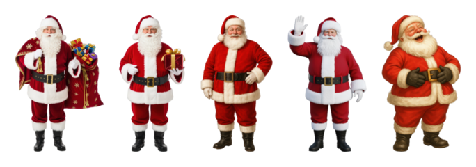 Santa Claus set including various cheerful poses and expressions isolated. Christmas holiday and festive season collection.