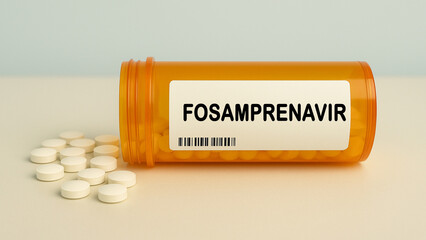 Box of FOSAMPRENAVIR tablets on a hospital pharmacy table used to treat HIV infection a protease...