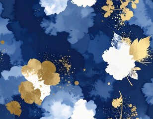 藍染風の背景に金色と白の葉が舞う和モダン高級感デザイン