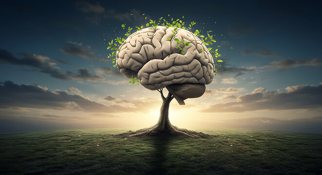 Brain Tree of Life: An eye-catching illustration of a brain shaped as a tree against the backdrop of a sunset.