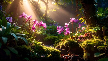 Obraz premium Sunlit forest scene showcasing vibrant purple flowers. Shafts of sunlight filter through lush green foliage and mossy ground