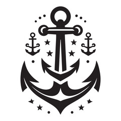 Black nautical anchor with smaller anchors stars and dots on a white background vector illustration