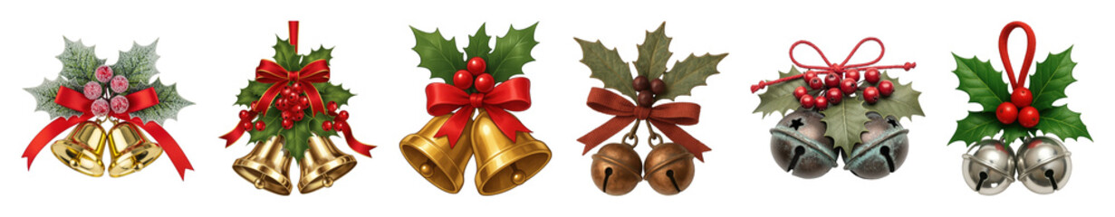 Christmas bell and holly decoration set including gold, silver, bronze, frosted, and red berry elements isolated. Festive holiday design collection.