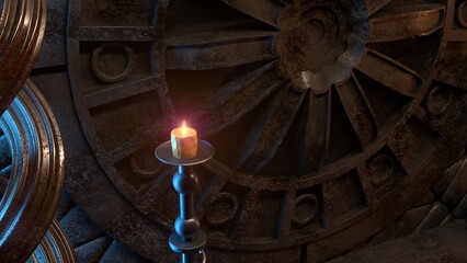 3D rendering of a gothic style fantasy chamber environment with circular window, stone walls, wet ground and set of classic candles