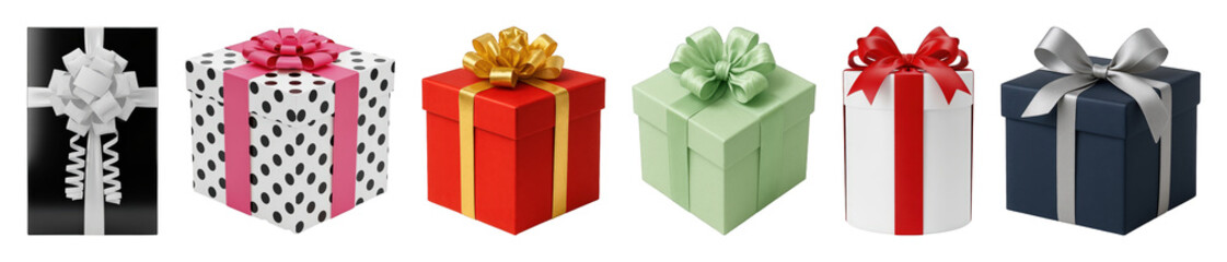 Fototapeta premium Gift box set including black, white, red, green, blue, and polka dot designs isolated. Celebration and holiday present collection.