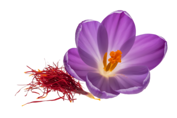 Crocus flower with vibrant purple petals and bright orange saffron threads spice Cutout PNG isolated on a transparent background