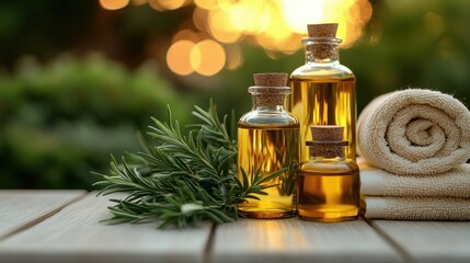Spa oils and towels on a wooden surface, bathed in golden light