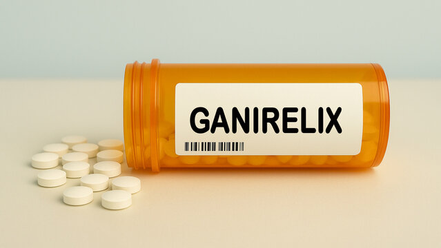 Box of GANIRELIX tablets on a hospital pharmacy table used to prevent premature ovulation a GnRH antagonist.