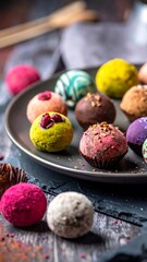 Colorful chocolate truffles on a plate