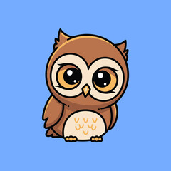 Cute Cartoon Owl with Big Eyes, Adorable Vector Illustration on Blue Background