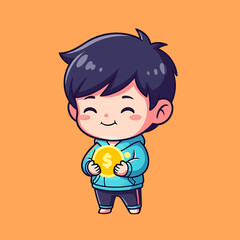 Cute Chibi Boy Holding Gold Dollar Coin Illustration for Financial Success and Savings
