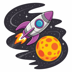 An animated rocket is soaring through a dark starry space backdrop, symbolizing the journey of exploration and discovery amid the wonders of the cosmos.