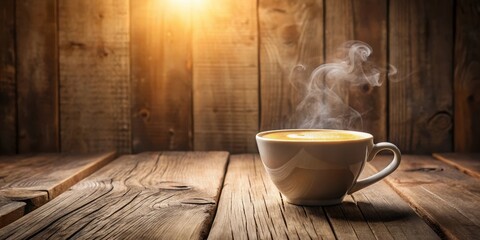 Aromatic Steam Rising from a Warm Beverage in a White Mug on Rustic Wooden Surface