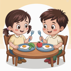 This delightful image captures two cheerful children seated at a table, excitedly ready to enjoy their healthy breakfast of eggs, vegetables, and fruits, promoting healthy eating habits.
